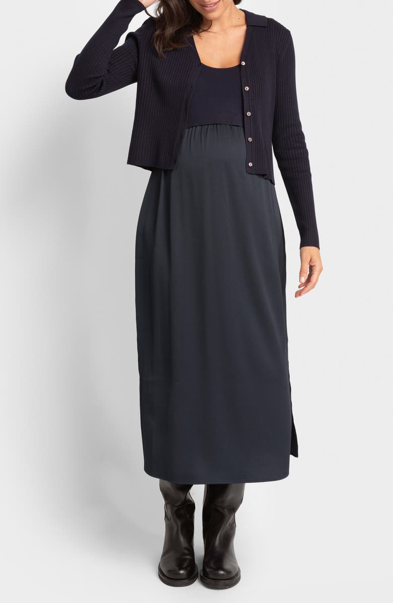 Seraphine Mixed Media Dress & Rib Cardigan Maternity/Nursing Set, Main, color, 