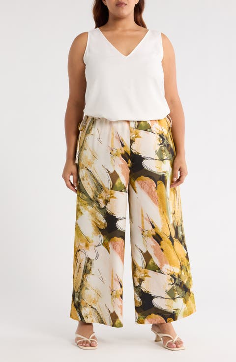 Side Tie Wide Leg Satin Pants (Plus)