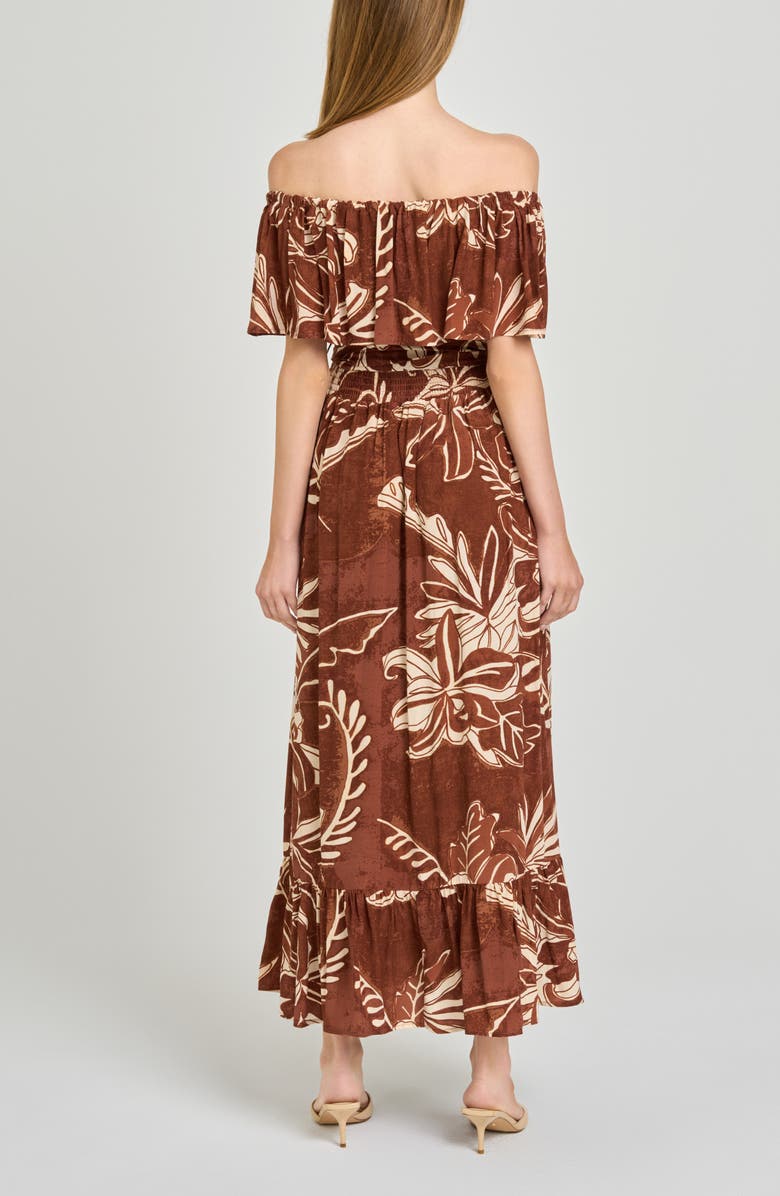 WAYF Indie Floral Print Off the Shoulder Maxi Dress, Alternate, color, Chocolate Batik