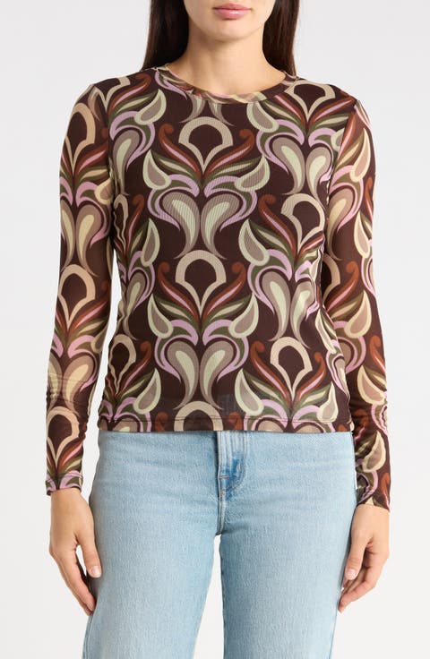 Print Long Sleeve Sheer Top