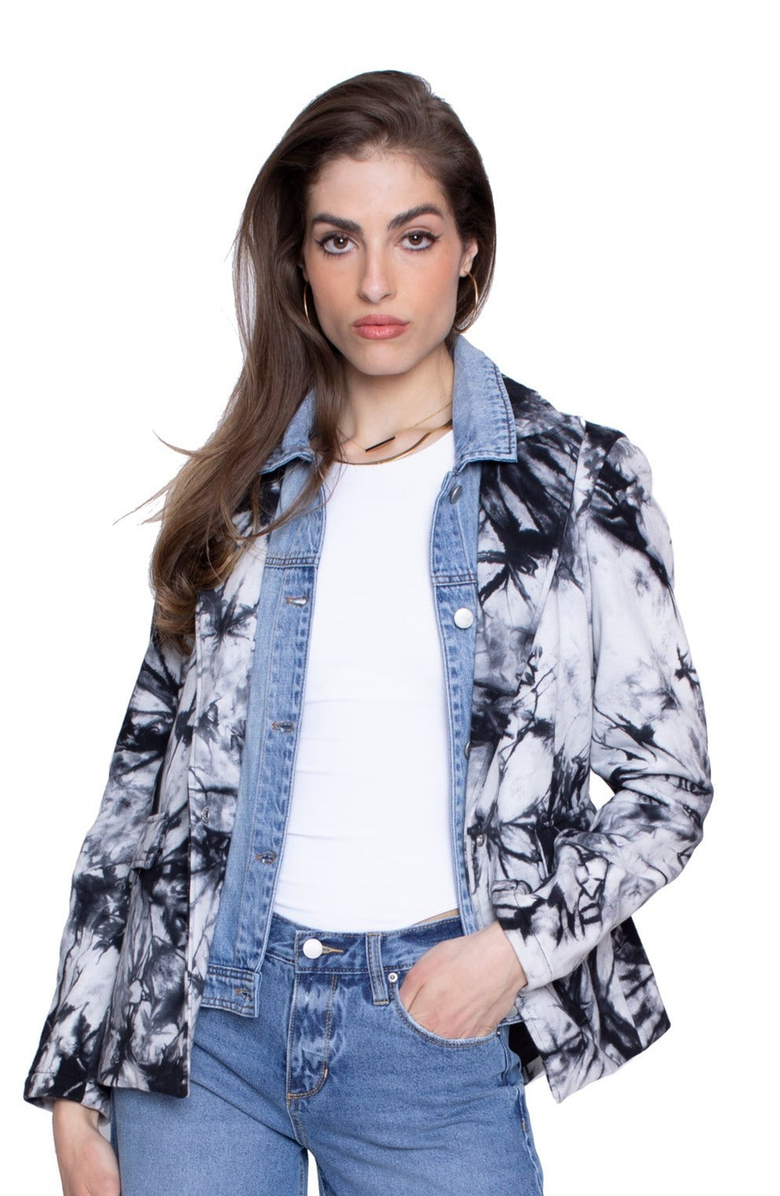 BLUE REVIVAL Helen Tie Dye Blazer with Removable Denim Insert, Alternate, color, Black / White Tie Dye