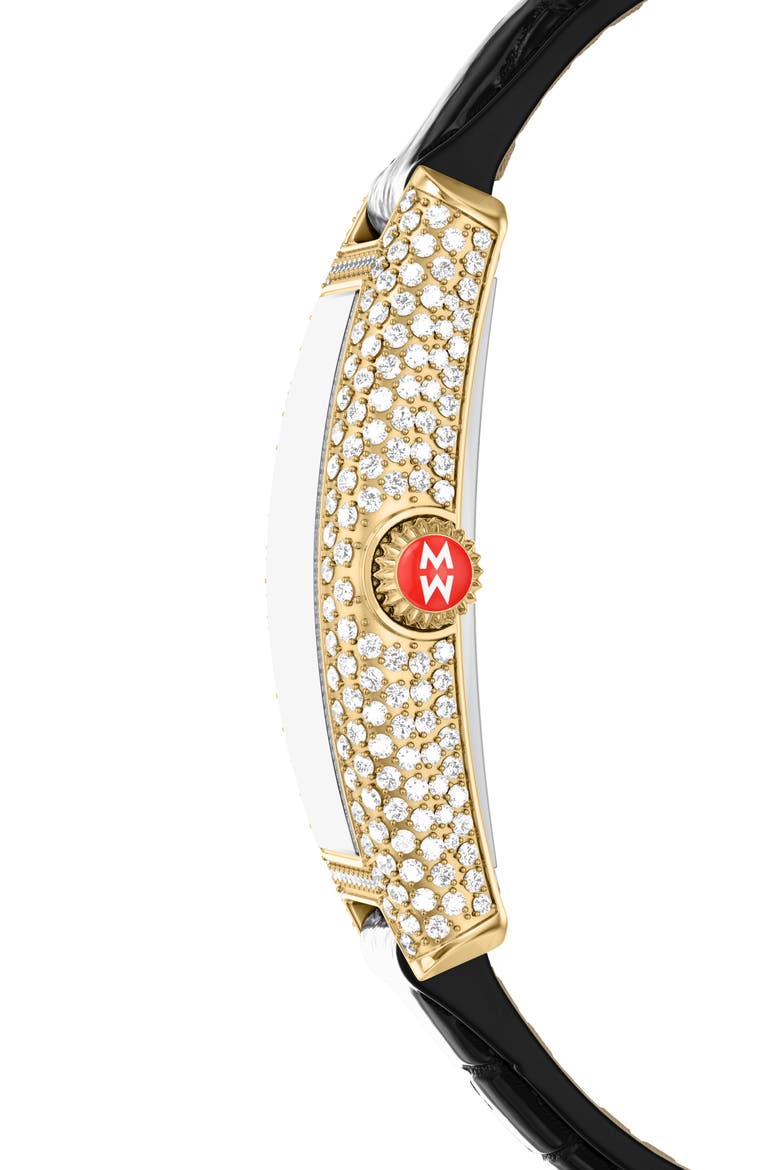 Pavé Diamond Tonneau Leather Strap Watch, 23mm x 40mm, Alternate, color, BLACK