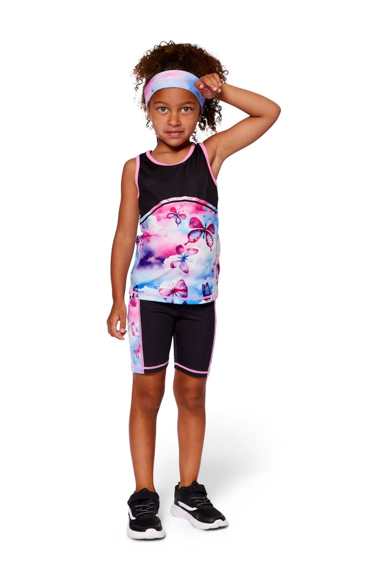 Little Girl's Printed Athletic Biker Short Black, Pink And Multicolored Butterflies, Alternate, color, Black Pink And Multicolored