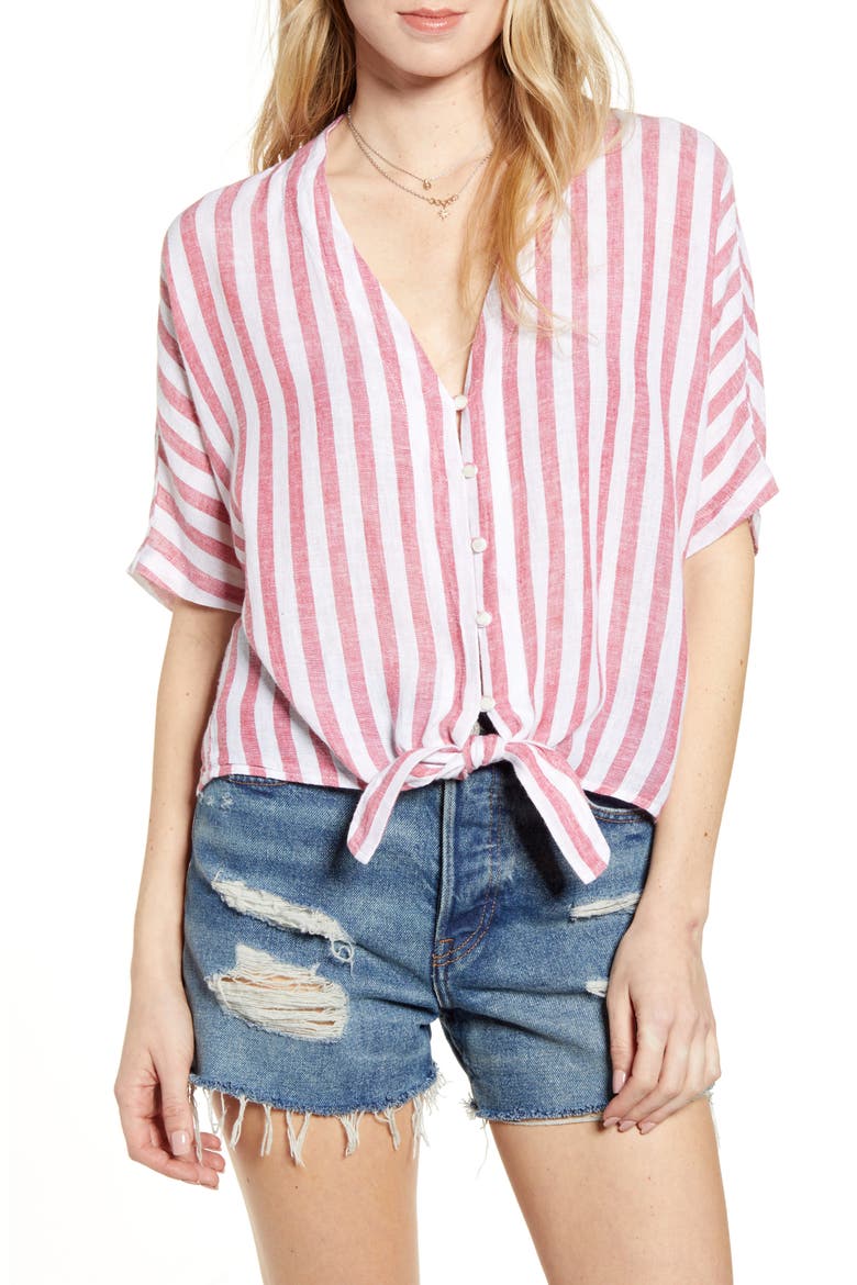 Thea Tie Hem Shirt, Main, color, CARMINE STRIPE