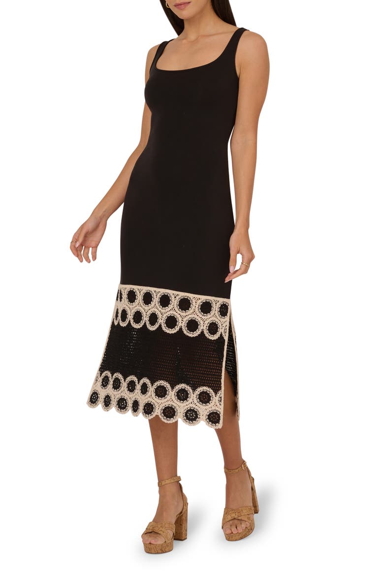 Crochet Detail Midi Sheath Dress, Main, color, BLACK/ECRU