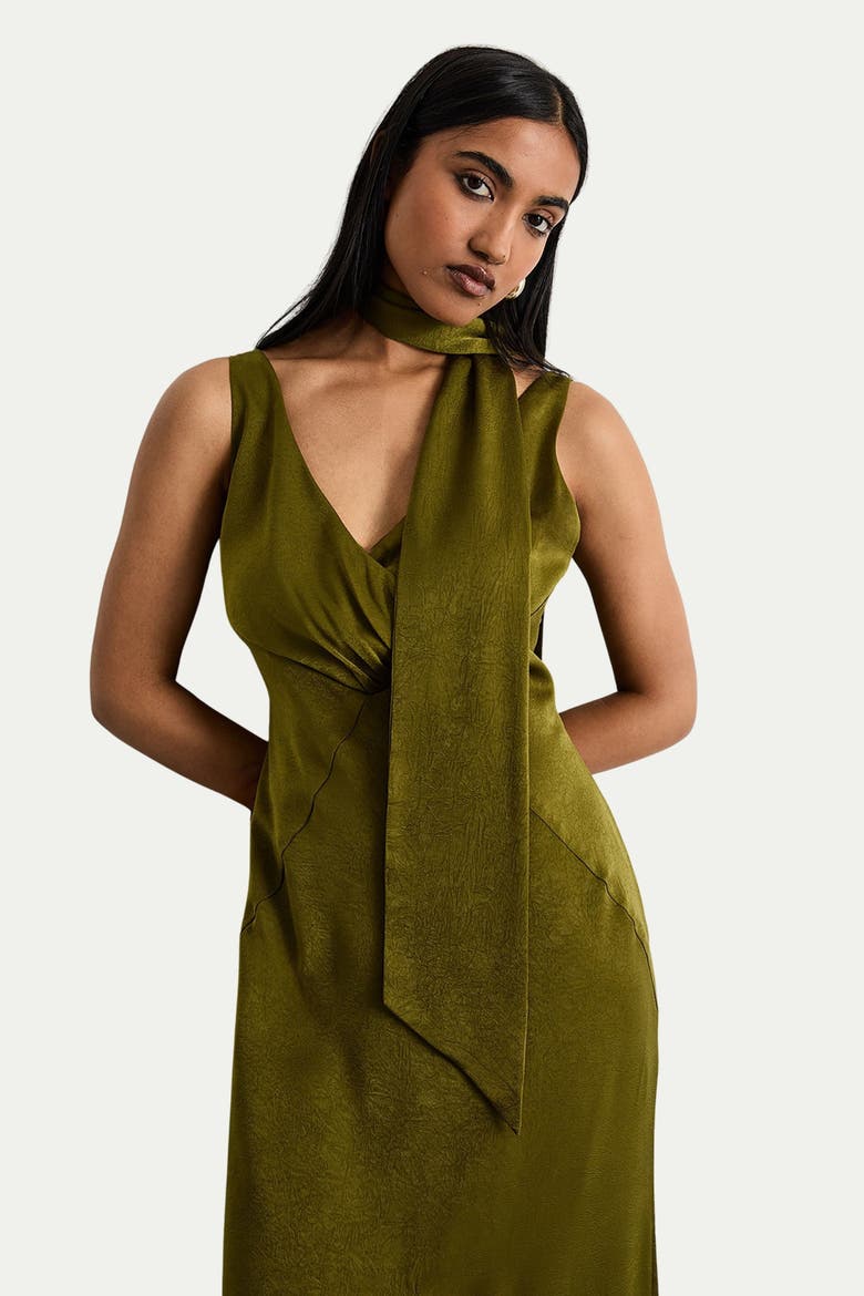 Plain Scarf Detail Tie Neck Maxi Dress, Alternate, color, Olive