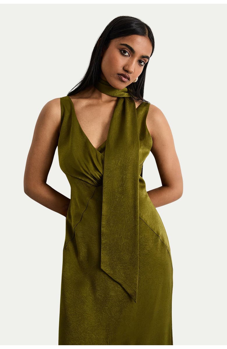 Warehouse Plain Scarf Detail Tie Neck Maxi Dress, Alternate, color, Olive