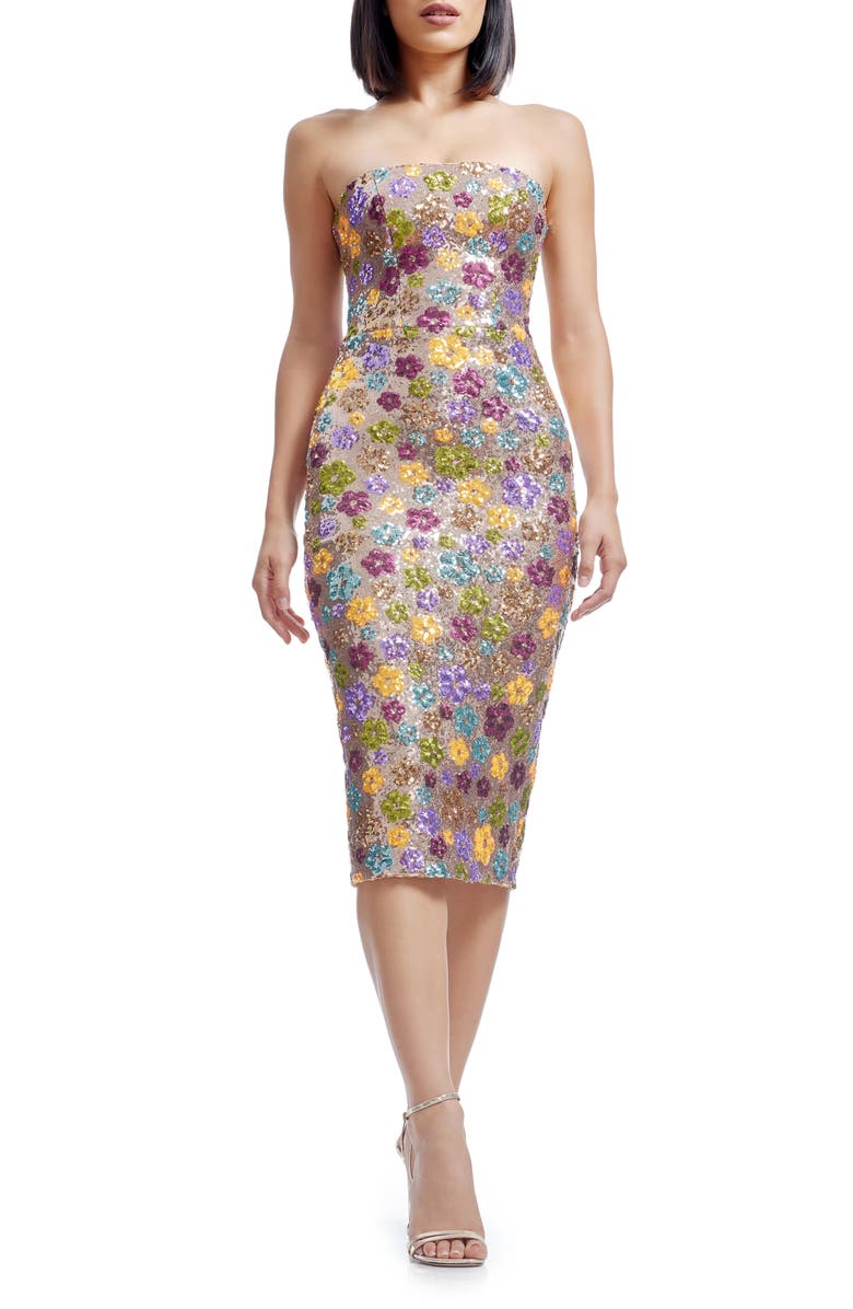 Dress the Population Viviana Sequin Floral Strapless Cocktail Dress, Main, color, Gold Multi