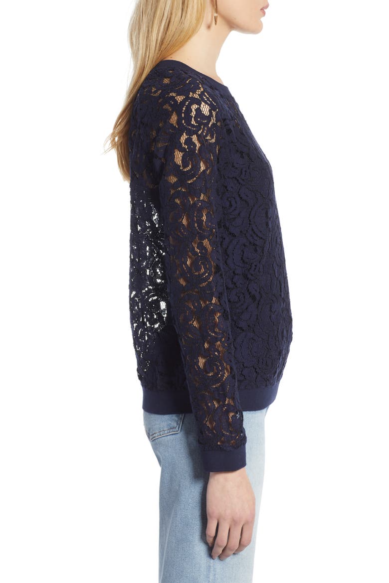 Rib Trim Lace Top, Alternate, color, NAVY