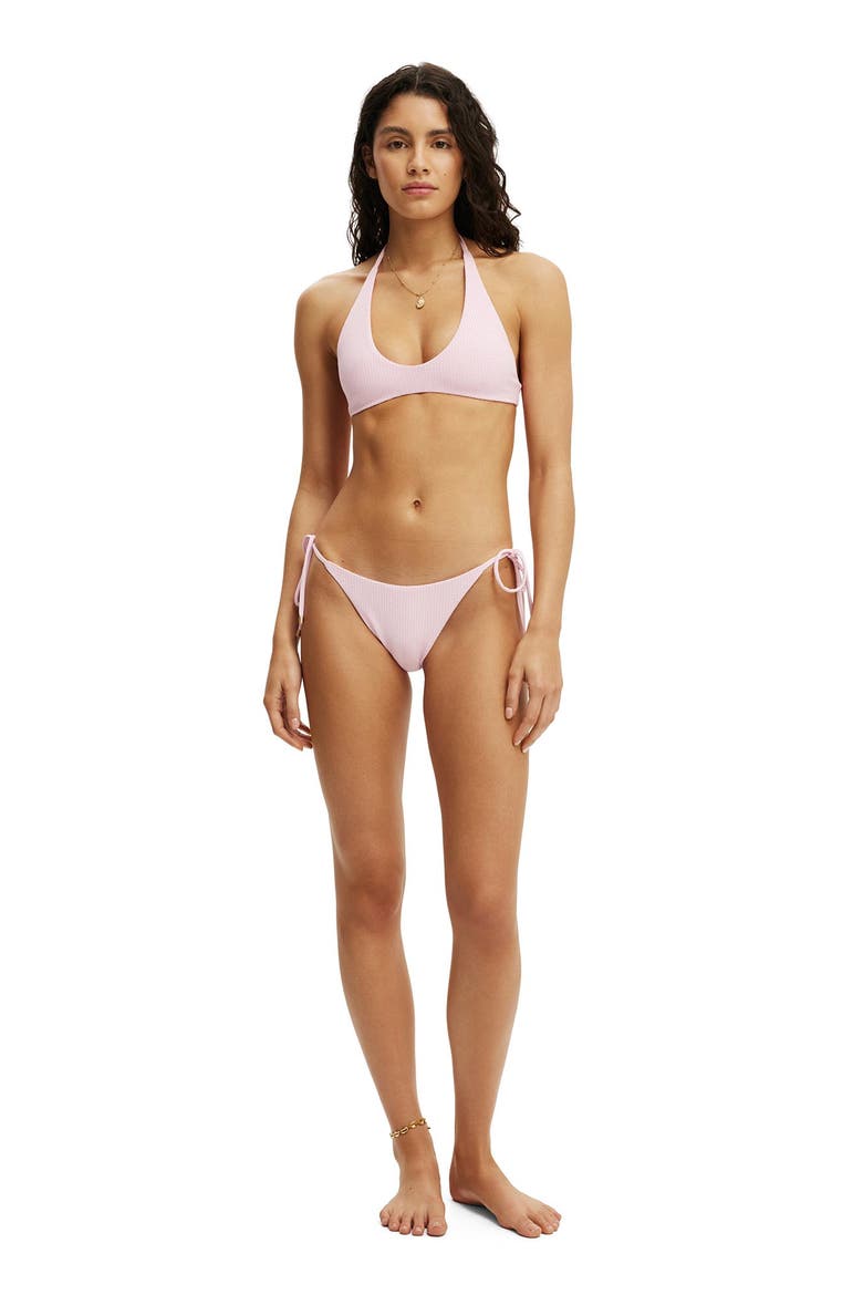 Women's String Tie Side Cheeky Bikini Bottom, Alternate, color, Pink Petal Waffle