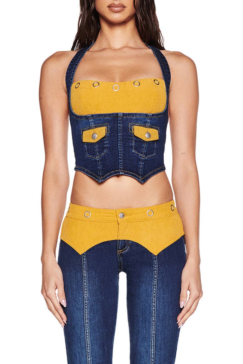 Tommie Mixed Media Halter Corset Top, Main, color, DARK WASH