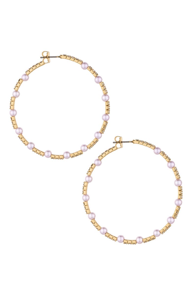 Ettika Crystal & Imitation Pearl Hoop Earrings, Alternate, color, 