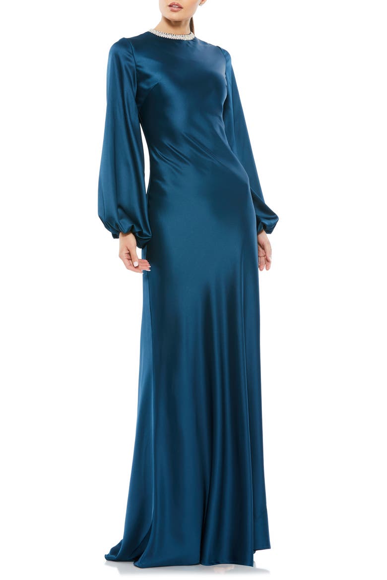 Beaded High Neck Bishop Sleeve Satin Gown, Main, color, SAPPHIRE