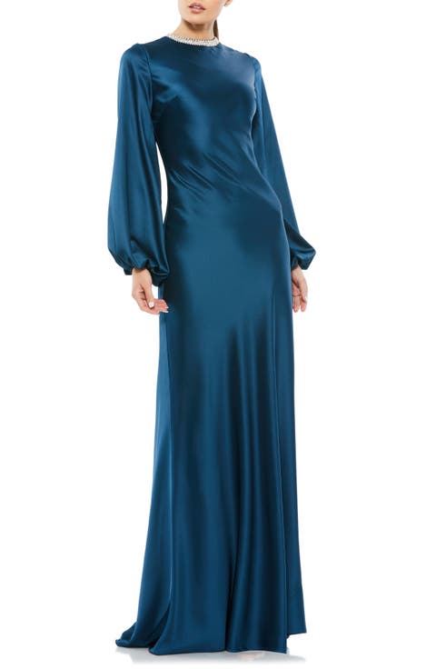Beaded High Neck Bishop Sleeve Satin Gown