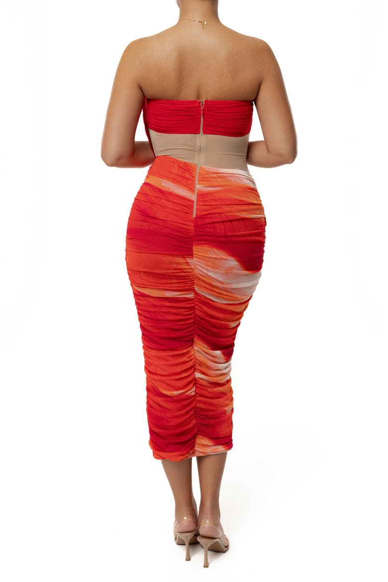 Ruched Strapless Body-Con Midi Dress, Alternate, color, RED