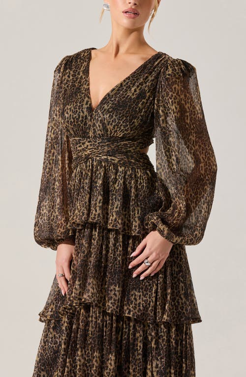 Astr The Label Anora Metallic Leopard Print Long Sleeve Dress In Brown