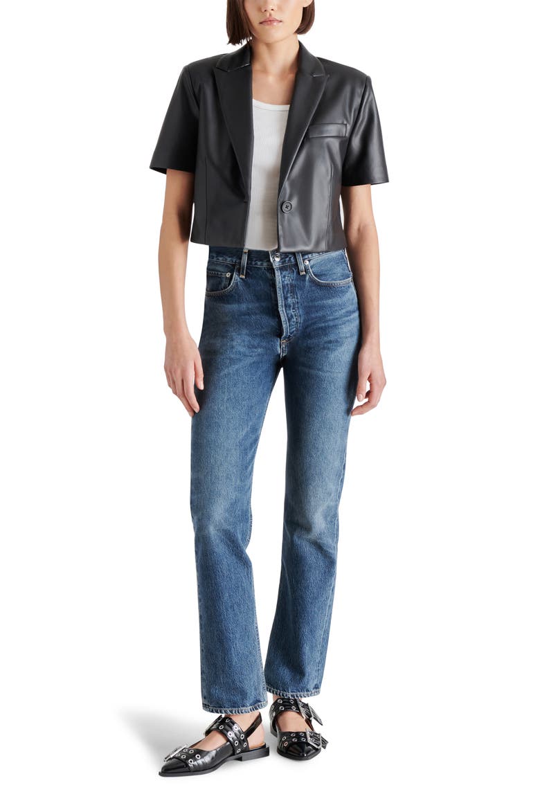Fayette Short Sleeve Faux Leather Blazer, Alternate, color, BLACK