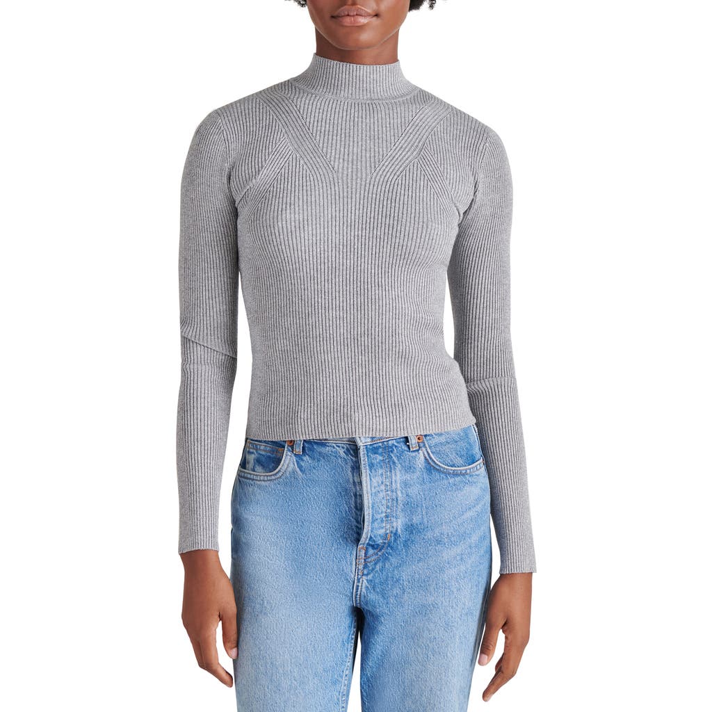 Steve Madden Metallic Rib Mock Neck Sweater In Silver