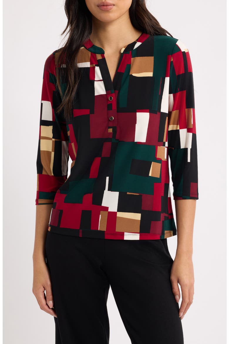 Split Neck Three-Quarter Sleeve Henley Top, Main, color, ANNE BLACK MULTI