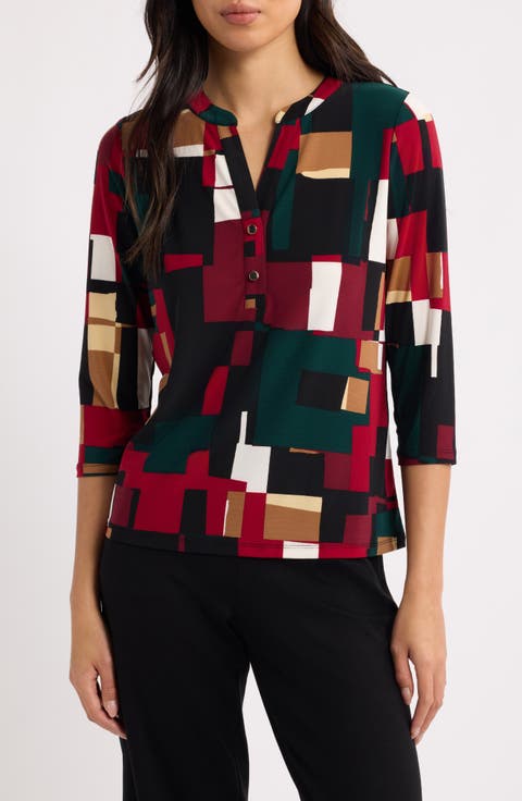 Split Neck Three-Quarter Sleeve Henley Top