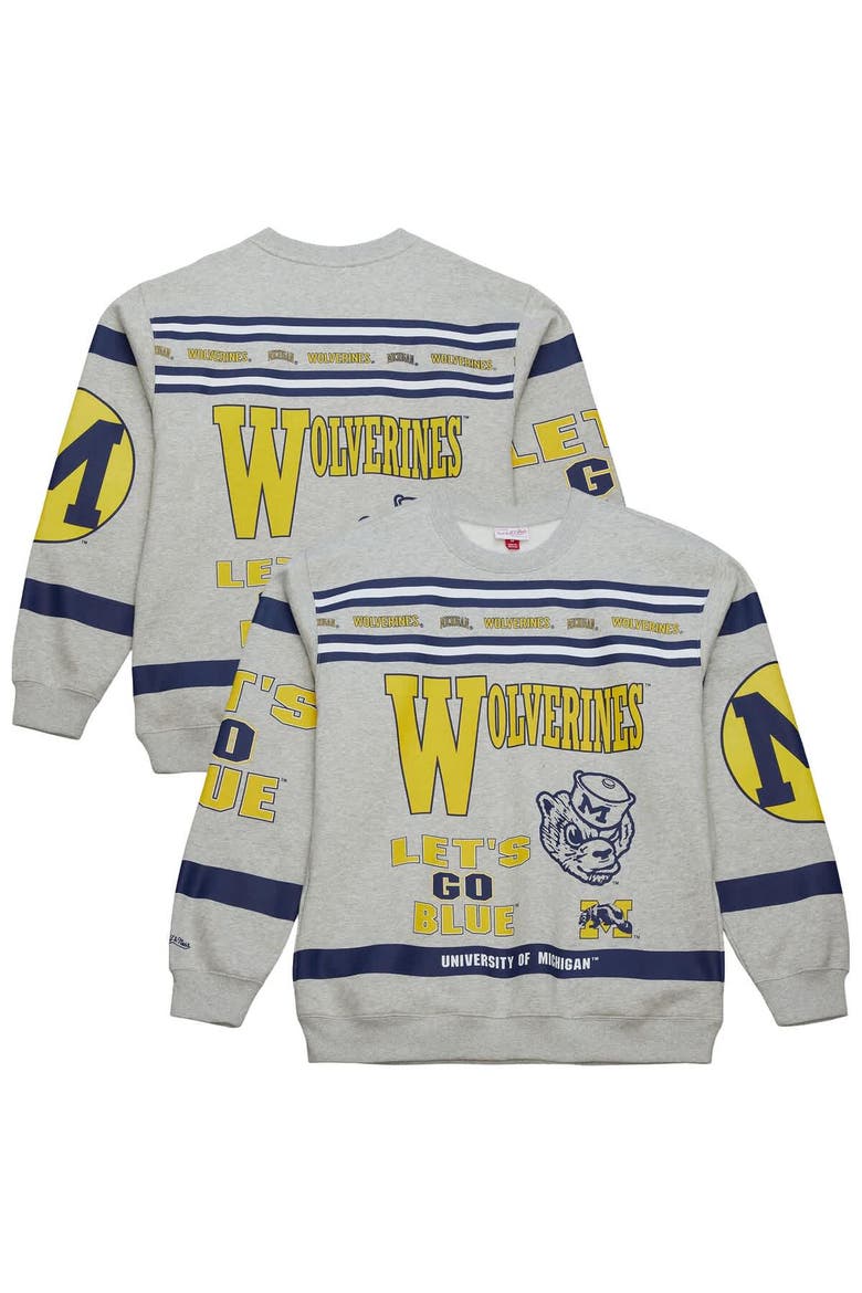 Men's Mitchell & Ness Heather Gray Michigan Wolverines All Over Print Sweatshirt, Main, color, Heather Gray