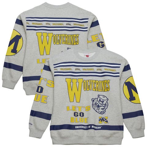 Men's Mitchell & Ness Heather Gray Michigan Wolverines All Over Print Sweatshirt