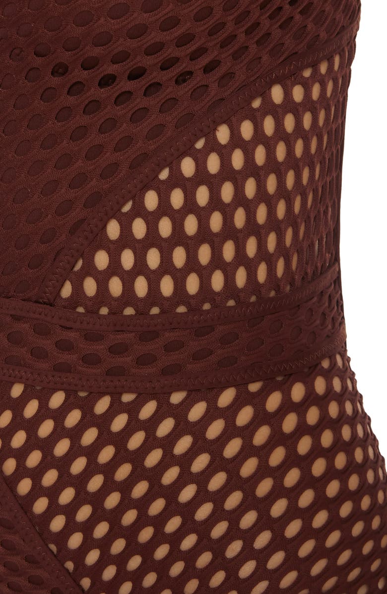 Becca Castaway Fishnet Plunge One-Piece Swimsuit, Alternate, color, Brown