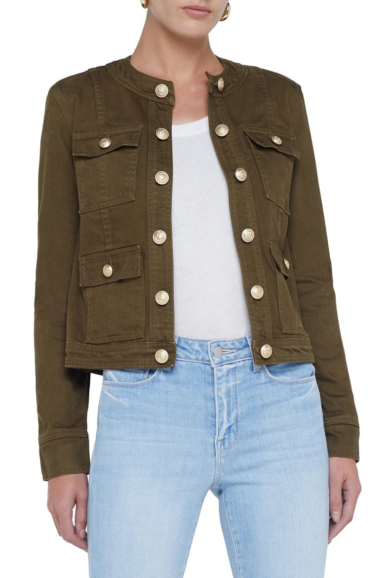 Yari Collarless Denim Jacket, Main, color, OLIVE GROVE