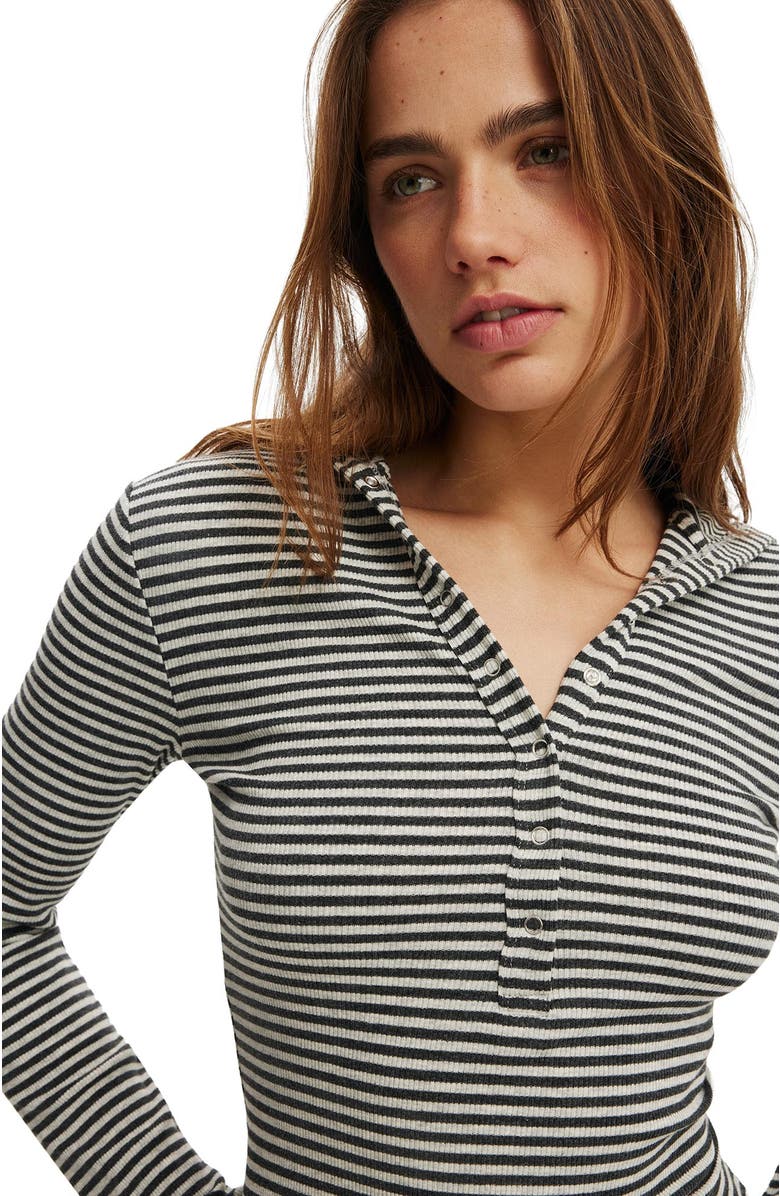 Cotton On Women's Hooded Blake Henley Long Sleeve, Alternate, color, Charcoal Grey Marle Stripe