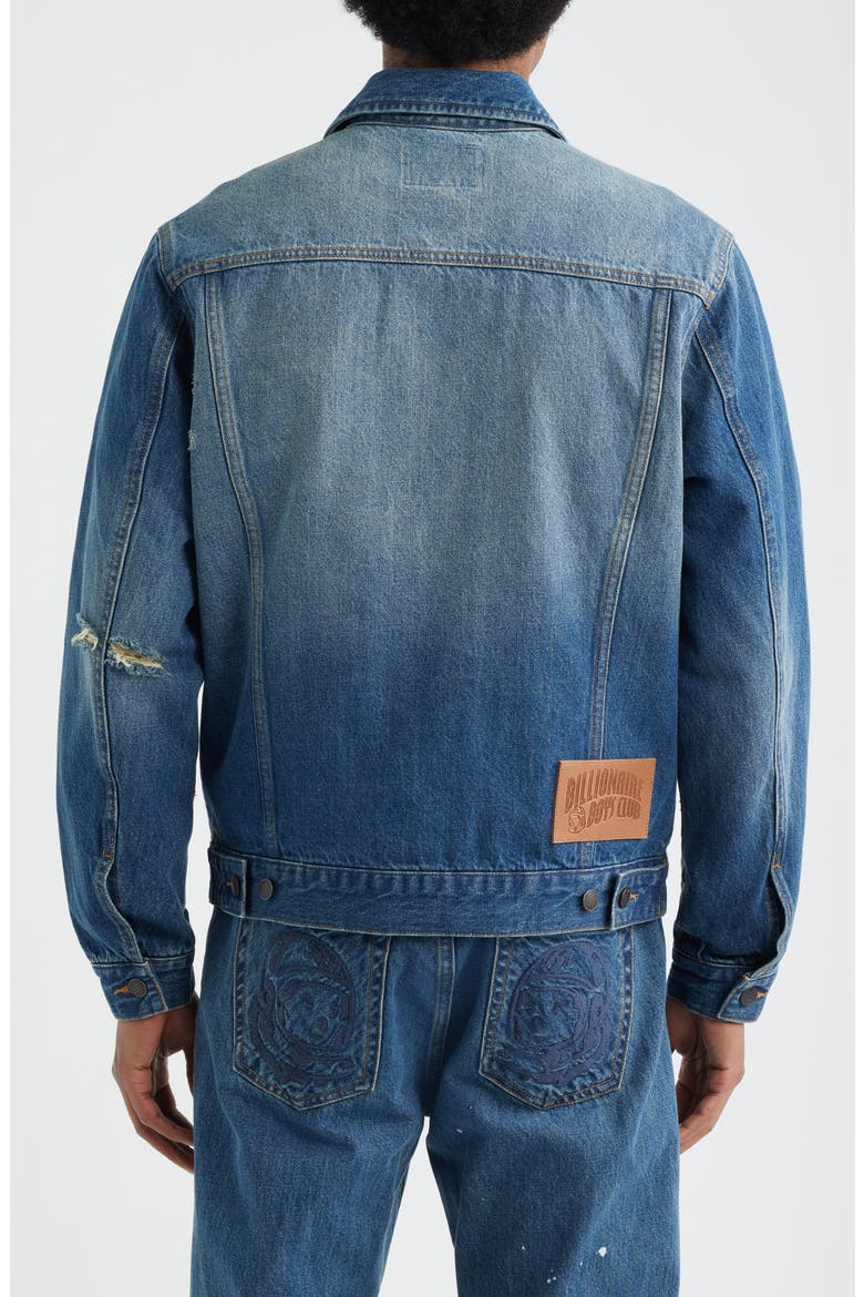 Script Logo Distressed Denim Trucker Jacket, Alternate, color, ASTRA