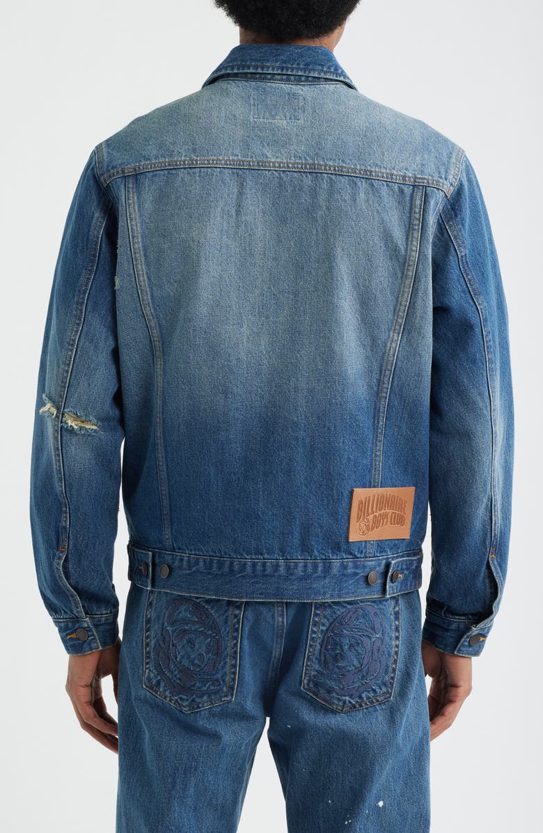 Billionaire Boys Club Script Logo Distressed Denim Trucker Jacket, Alternate, color, Astra