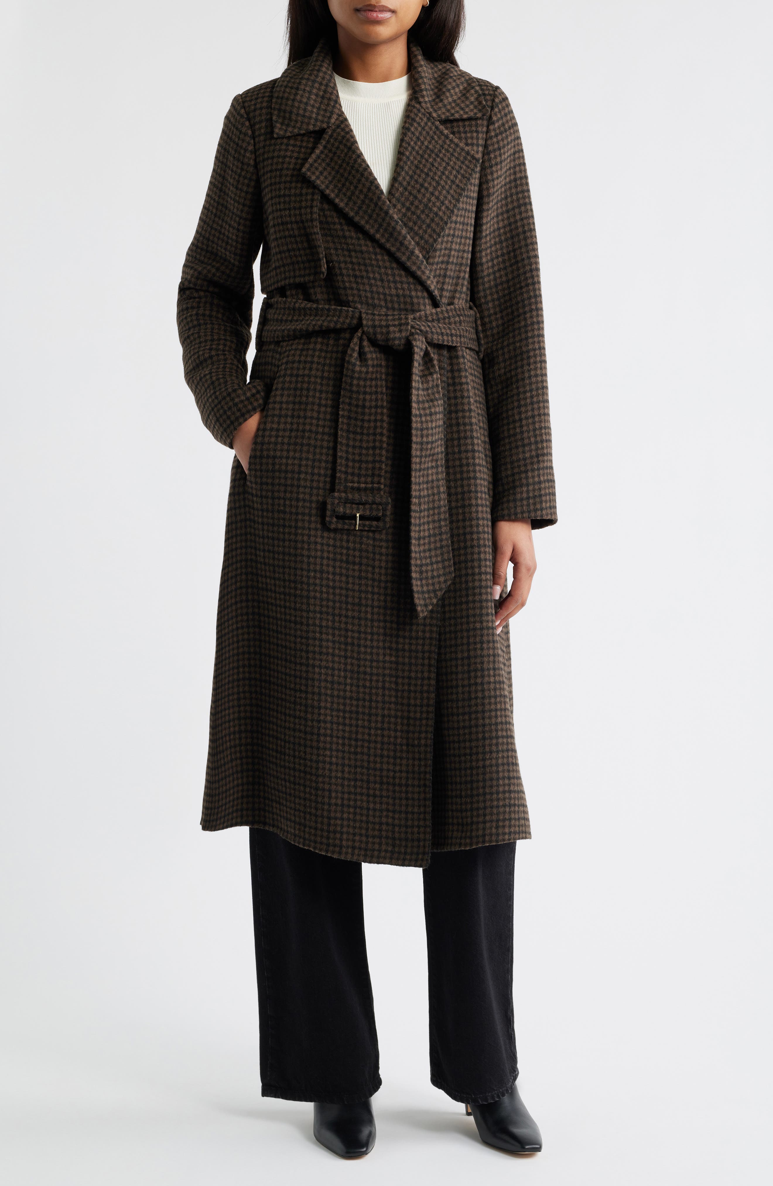 BCBGMAXAZRIA Houndstooth Double Face Belted Coat