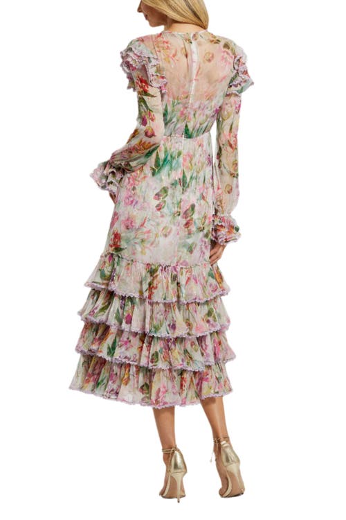 Mac Duggal Long Sleeve Tie Neck Ruffle Detail Floral Dress In Lilac Multi