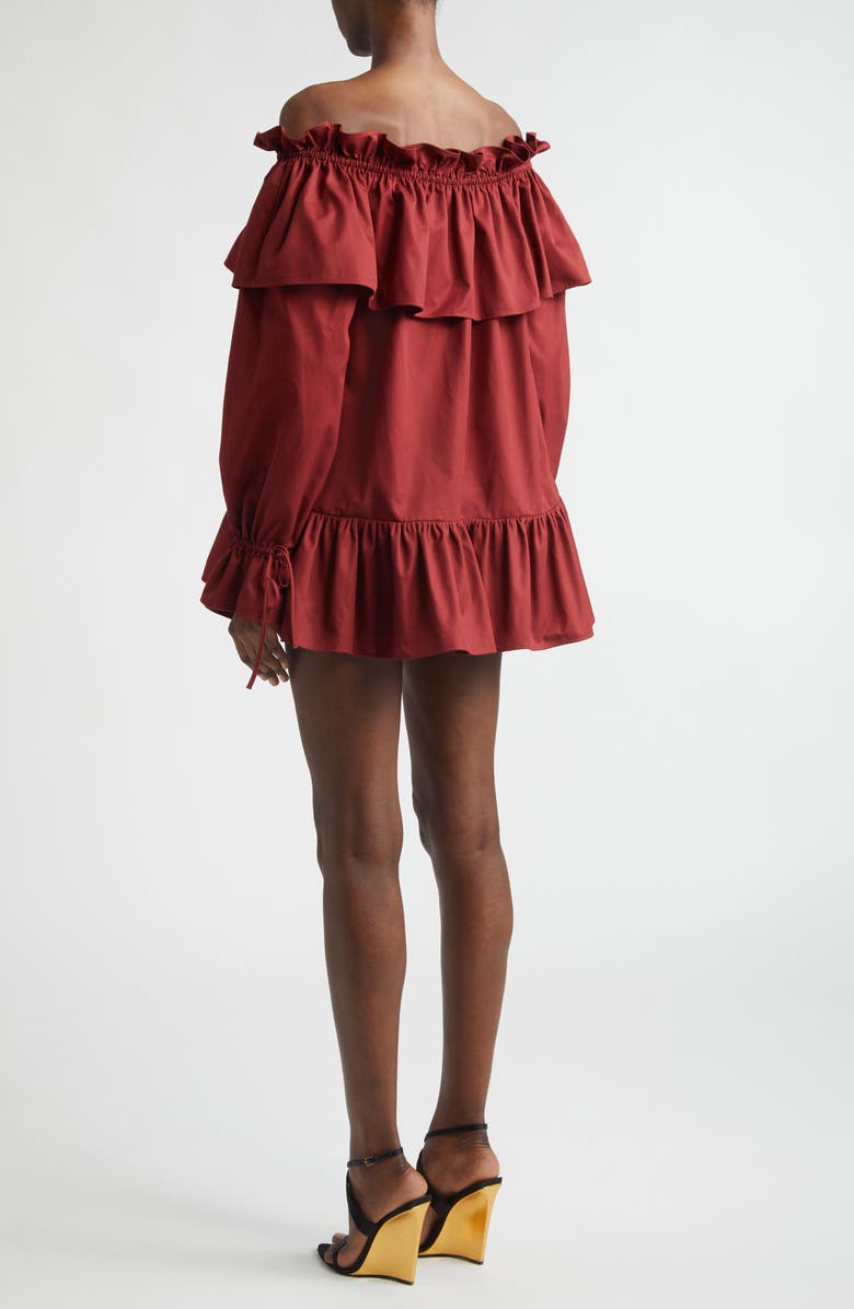 Saint Laurent Long Sleeve Cotton Ruffle Off the Shoulder Minidress, Alternate, color, Rouge Fonce
