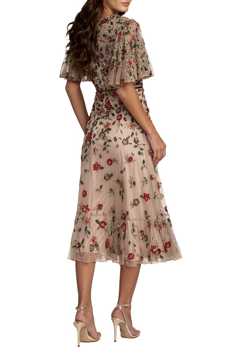 Women's Floral Embellished Flutter Sleeve Midi Dress, Alternate, color, Antique Rose