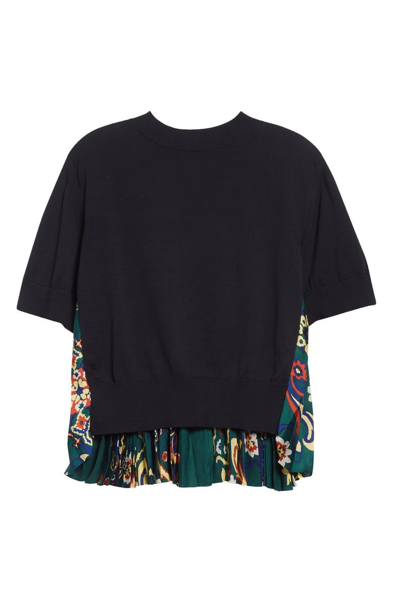 Sacai Short Sleeve Mixed Media Sweater, Alternate, color, Navy/ Green