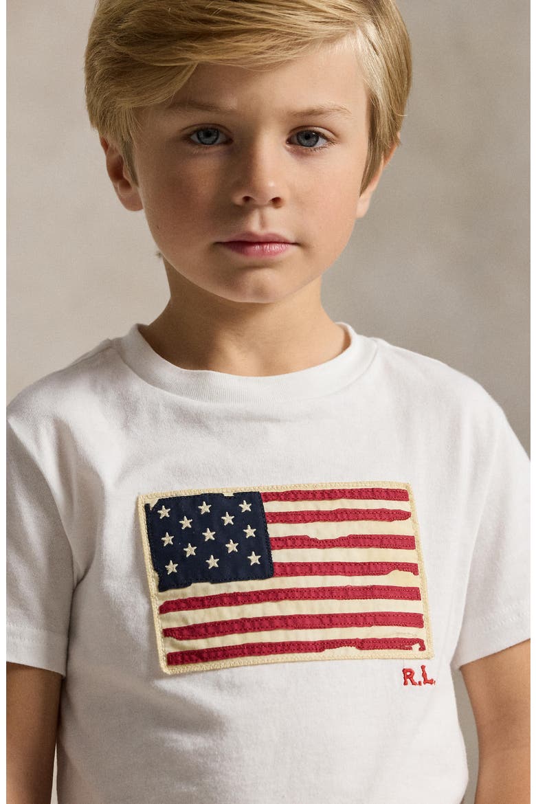 Kids' American Flag Appliqué Cotton T-Shirt, Alternate, color, WHITE