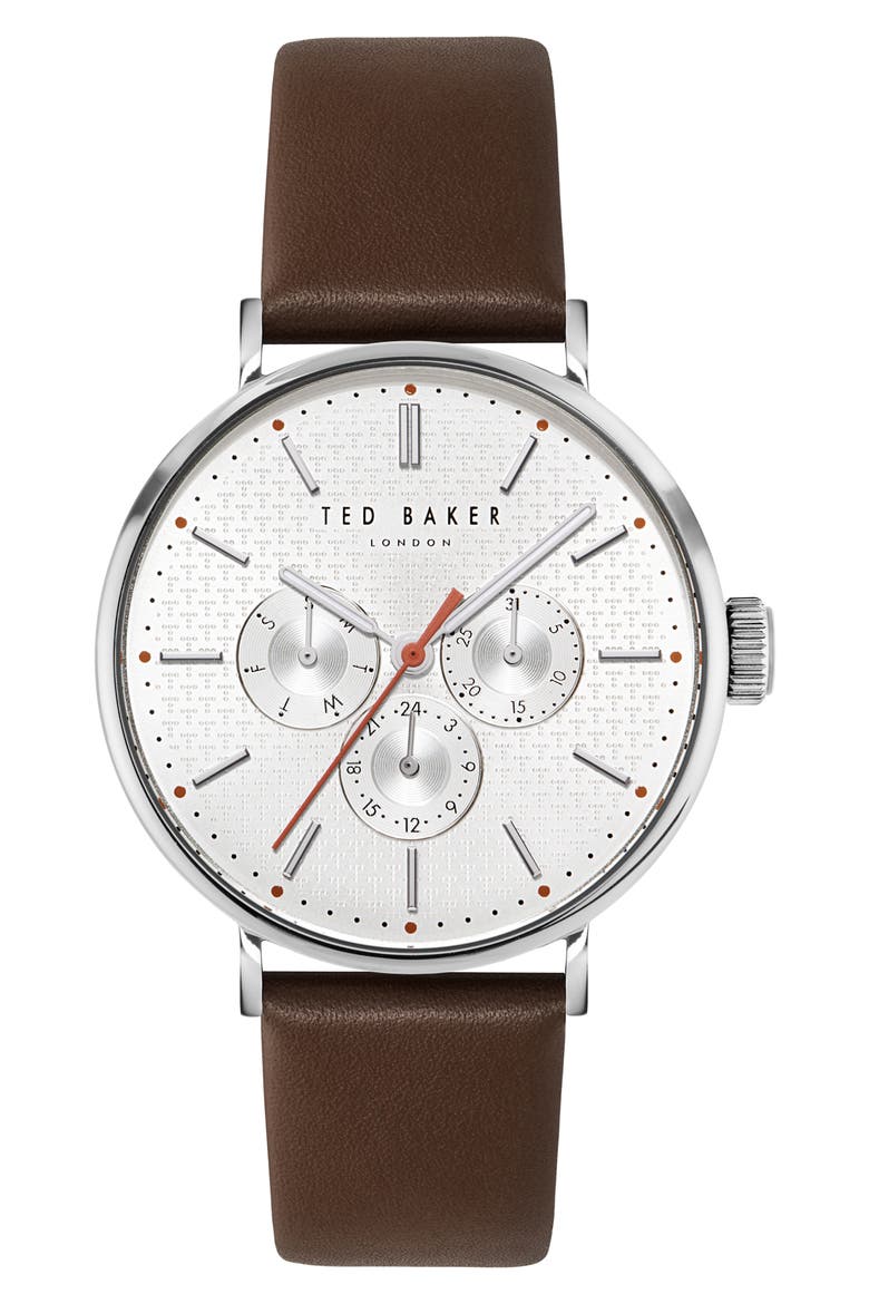 Phylipa Multifunction Leather Strap Watch, 41mm, Main, color, BROWN