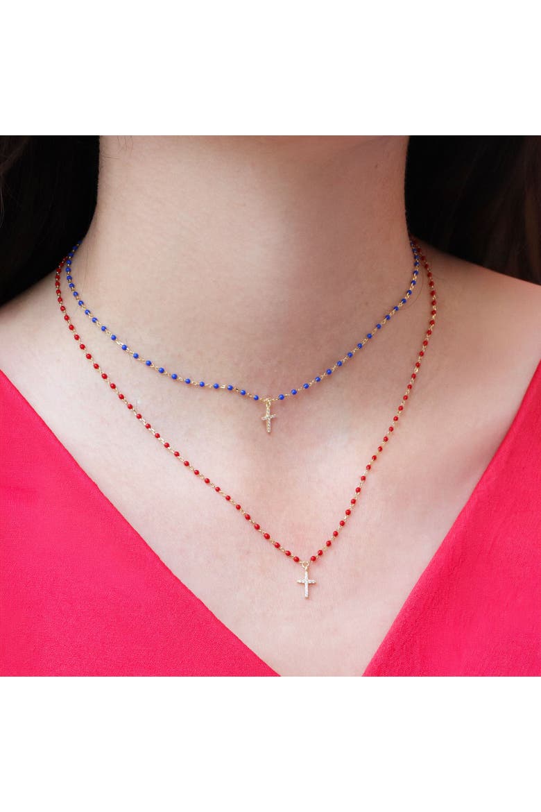 Dark Blue Enamel Bead Cross Necklace, Alternate, color, Dark Blue Enamel