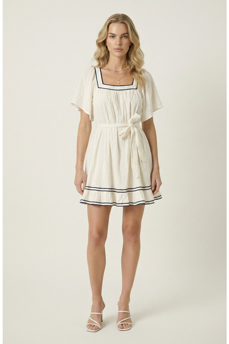 Square-Neck Contrast Trim Mini Dress, Main, color, Off-White / Navy