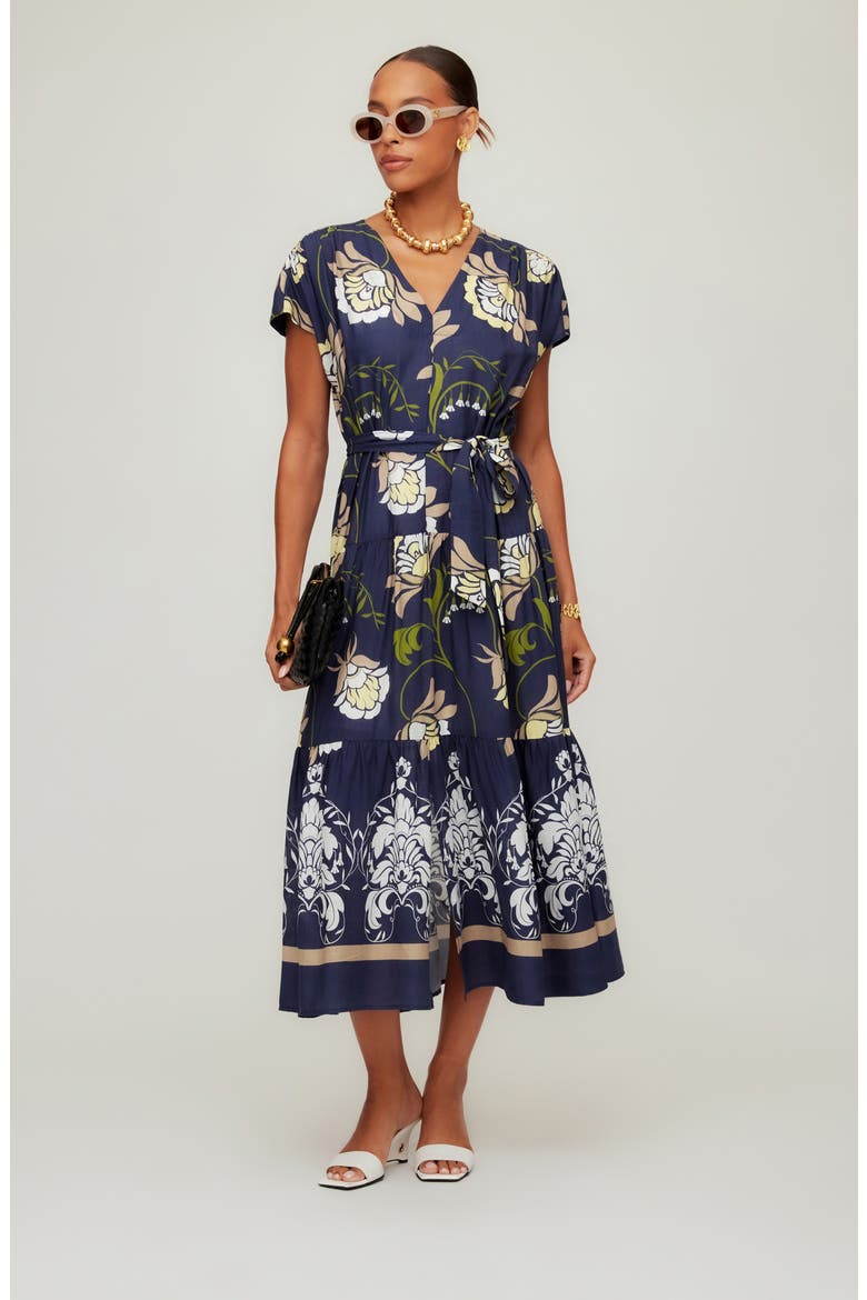 Tiered Tie Waist Midi Dress, Alternate, color, BLUE PRINT