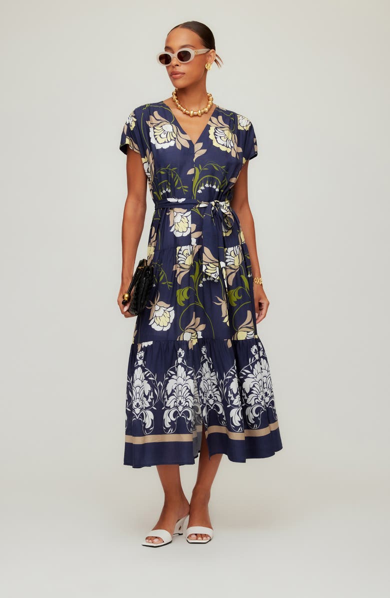 FIFTEEN TWENTY Tiered Tie Waist Midi Dress, Alternate, color, Blue Print