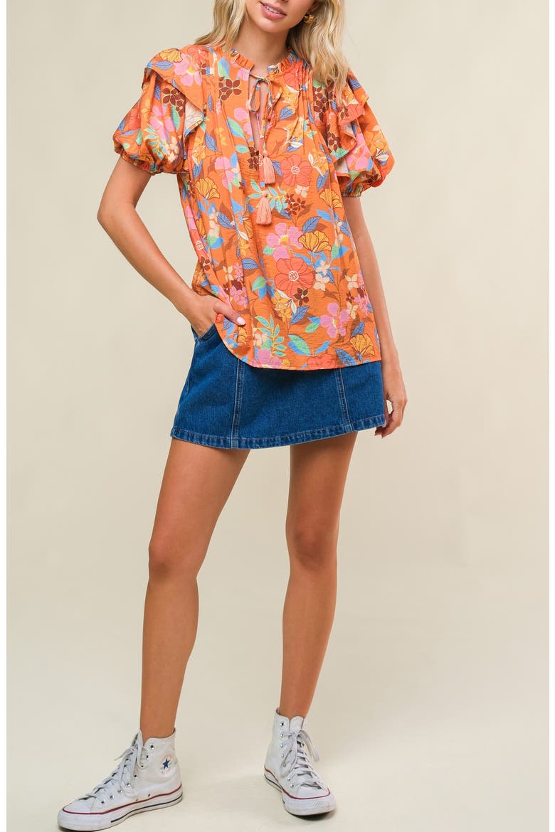 Printed Split Neck Top, Alternate, color, CAMEL