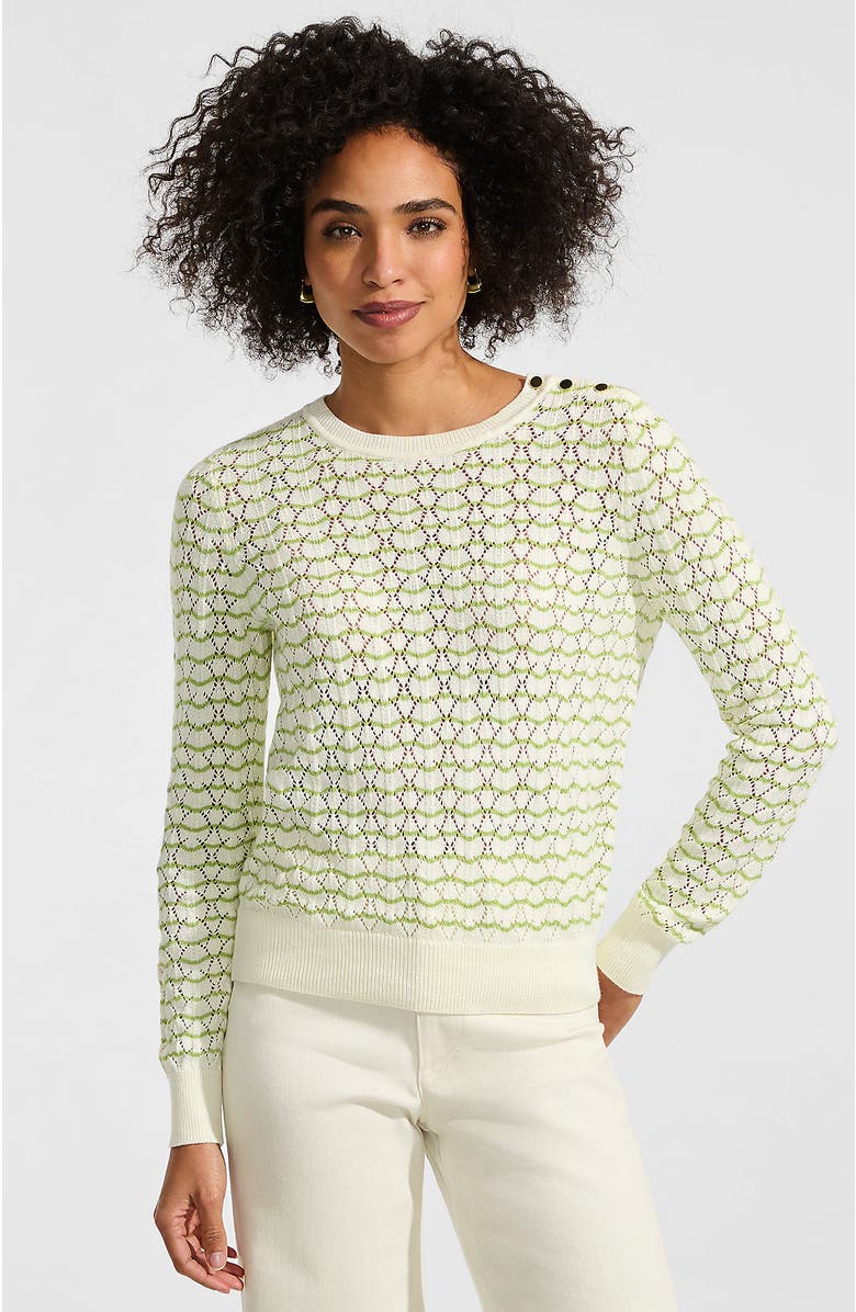 Lands' End Cotton Viscose Button Shoulder Modern Crew Sweater, Main, color, Pistachio/Ivory Stitch Stripe