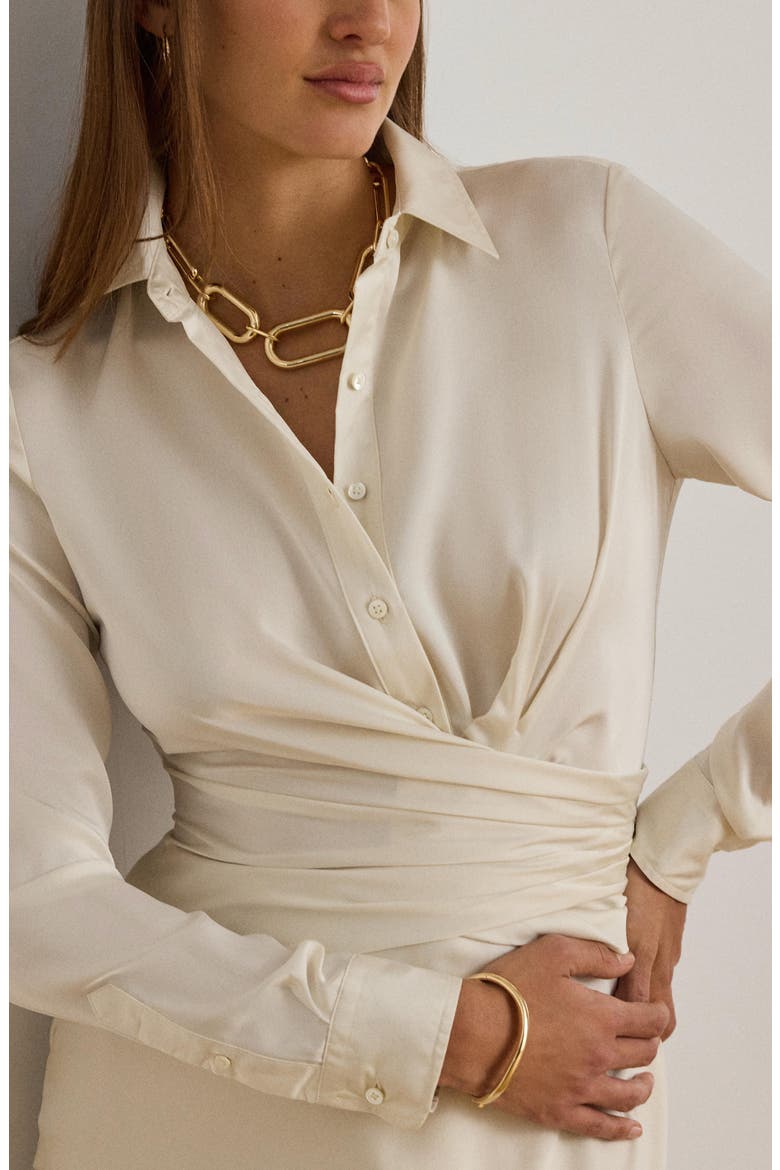 Featherweight Satin Charmeuse Shirtdress Gown, Alternate, color, MASCARPONE CREAM