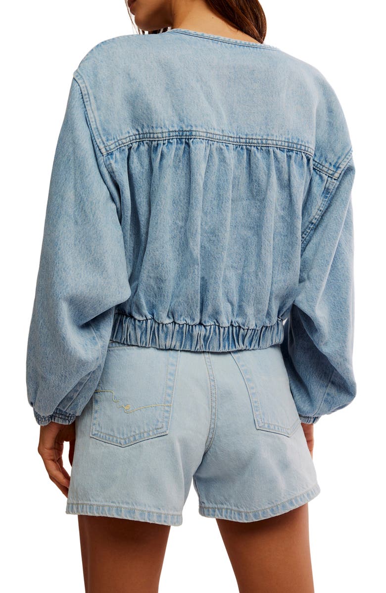 Free People Layla Smocked Crop Denim Jacket, Alternate, color, Sunbeam