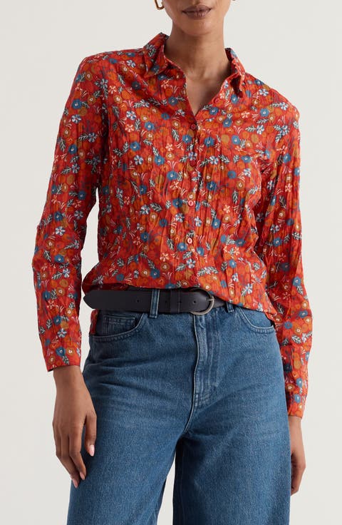 Larissa Floral Crinkled Organic Cotton Button-Up Shirt