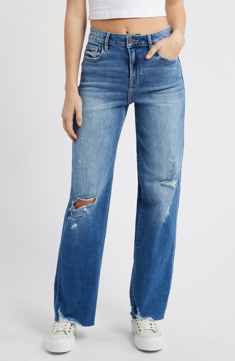 HIDDEN JEANS High Waist Distressed Wide Leg Dad Jeans, Main, color, Med Wash