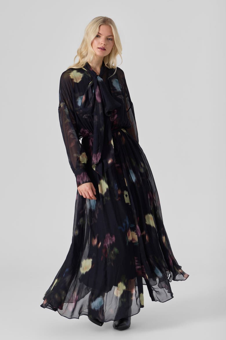 Silk Chiffon Neck-Tie Maxi Dress, Alternate, color, Black/Colors