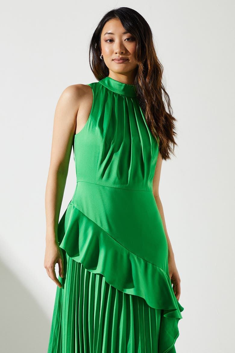 Sleeveless Ruffle Satin Dress, Alternate, color, Green